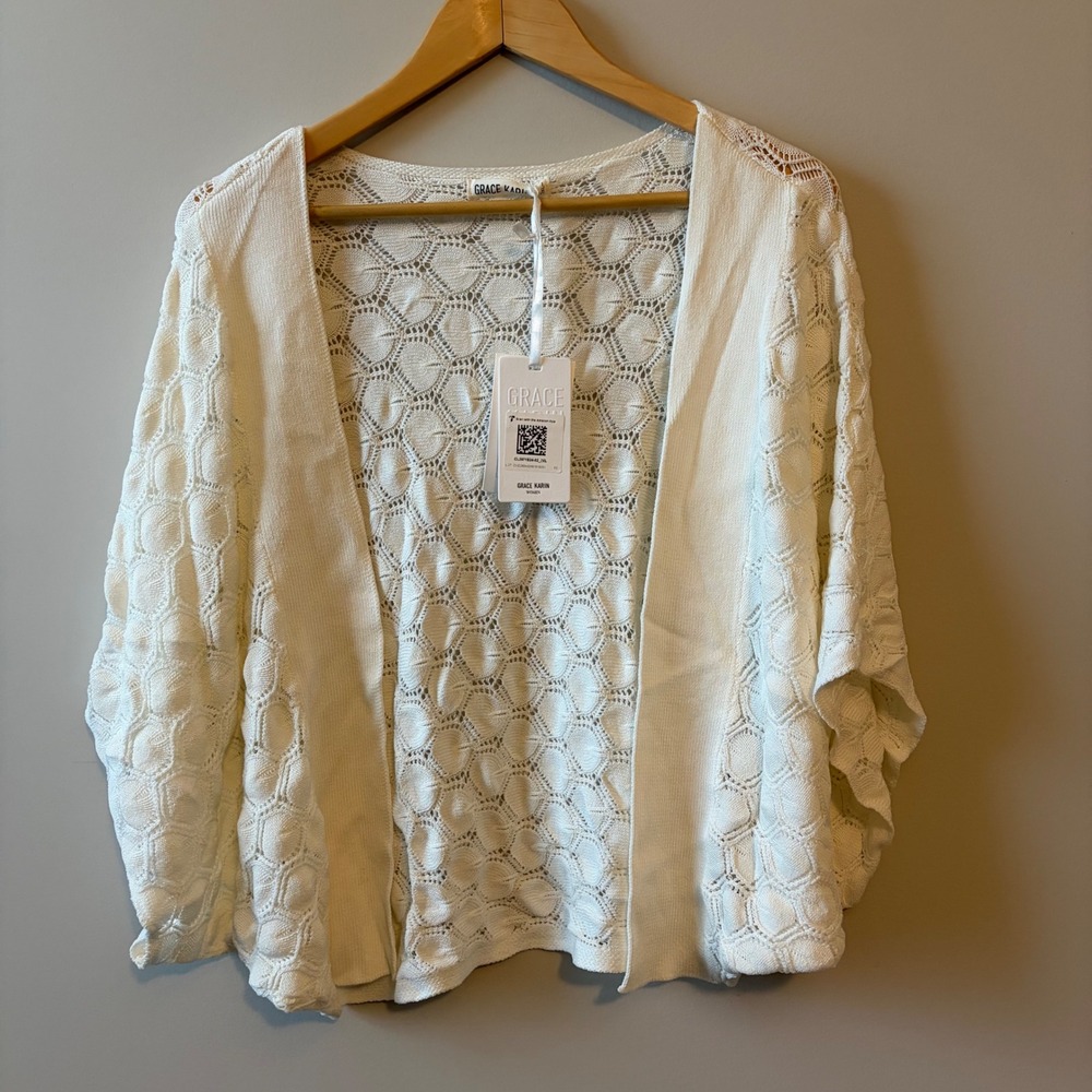 Grace Karin Women Ivory Honeycomb Pointelle Open Front Batwing Cardigan 2XL NEW